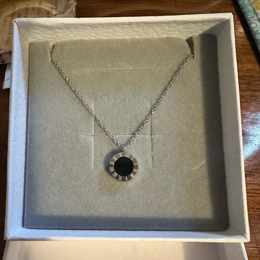 Stainless Steel Roman Numeral Elegant Silver and Black Pendant Necklace
